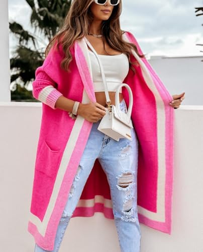Image of CHARTOU Hooded Long Knit Cardigan for Women Blcoked Color Long Sweatshirt Jacket Sweater