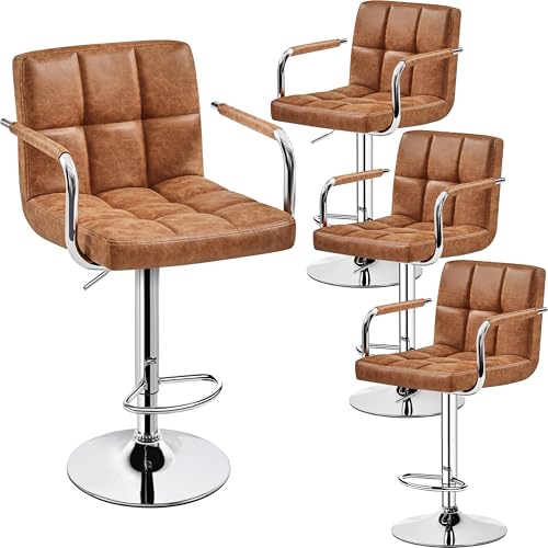 Image of Yaheetech Bar Stools Set of 4 with Backs, Height Adjustable, Retro Brown