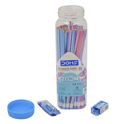 Doms Zoom Ultimate Dark Triangle Pencil | Jar Pack, 30 Pieces | Contains Pencils, Sharpener, Eraser & Scale, Multicoloured, Pack Of 1 (DM7274)