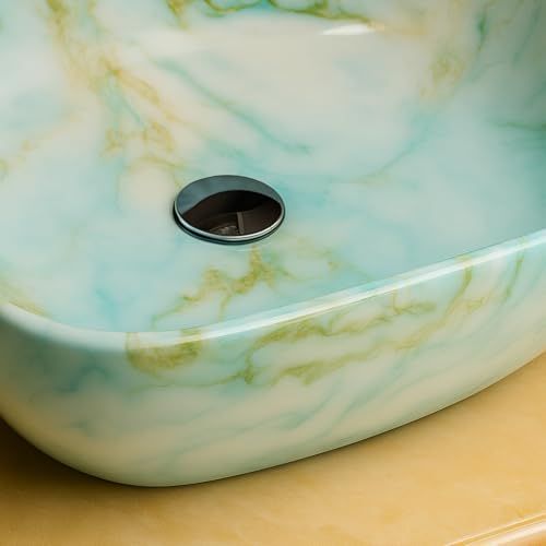 Image of Ceramic Tabletop Wash Basin - Glossy Rectangular Countertop Vessel Sink with Marble Finish for Bathroom & Vanity | Compact 18 x 13 x 5 Inch | Elegant Washbasin