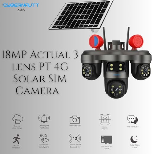 Image of XUGA - Cybernautt X18A 18MP 3 Lens PTZ Solar 4G Sim Outdoor CCTV with 3 View | 360 | Night Vision | Motion Detection| Siren Horn| Red Blue Light | All 3 Lens Mobile Controlled | Use Air-tel 4G Sim