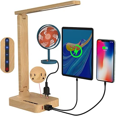 cozoo LED Desk Lamp with 3 USB Charging Ports and 2 AC Outlets,3 Color Temperatures & 3 Brightness Levels, Touch/Memory/Timer Function,10W Eye Protection Foldable Reading Light,Office Table Lamp Wood