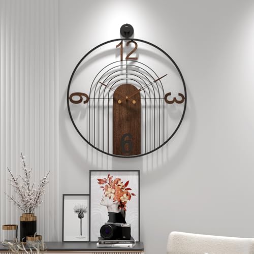 Image of Large Modern Walnut Dial Wall Clock, Wood Metal Frame Silent Non Ticking Decoration Wall Clocks for Living Room, Bedroom, Kitchen, Study, Handmade Home Decor Gift Idea, 26.4 Inch