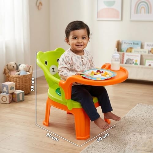 Image of MY LITTLE TOWN Kids Feeding Chair| Musical Chu Chu Chair| Baby Chair| 4-36 Months| Baby Chair| Portable| Booster seat (Greenish Yellow with Orange)