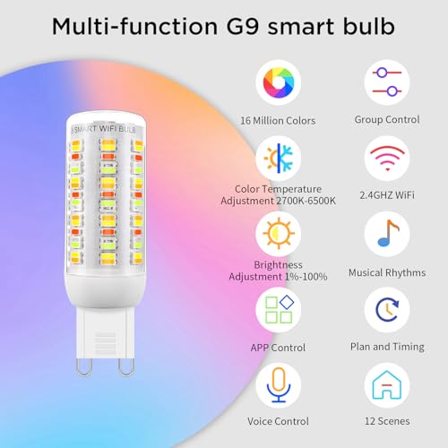 I-SHUNFA Wi-Fi RGBCW Smart G9 LED Bulbs,Compatible with Alexa/Google Home,Multicolour Dimmable,2700K-6500K,AC 230V 4W,400LM Brightness Adjustable 1%-100%,with Musical Rhythm LED Light Bulb,3 Pack - Image 3