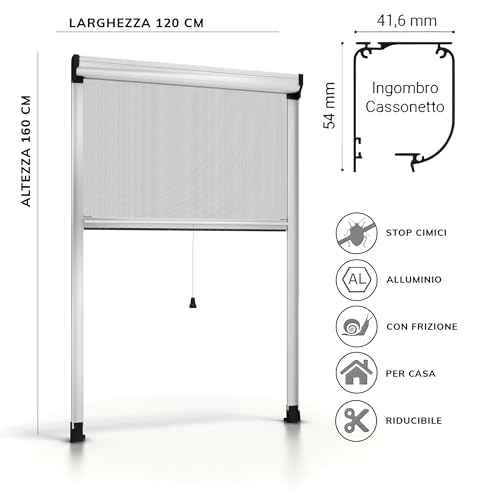 ESTO Fliegengitter für Fenster, verschiedene Größen und Farben, Insektenschutznetz, Einbau für Schiebefenster mit Rolle und Rahmen (120 cm x 160 cm, Weiß)