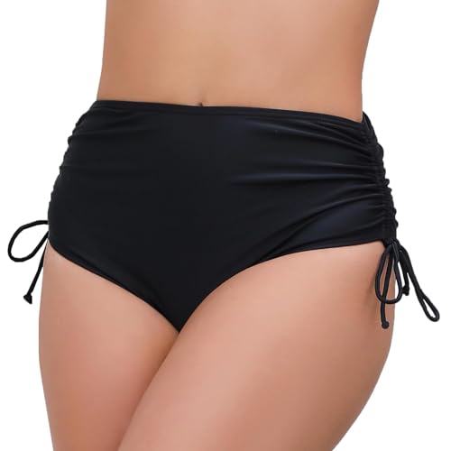 Women's High Waisted Full Coverage Cheeky Bikini Bottoms Tummy Control Adjustable Dtawstring Swim Bottoms