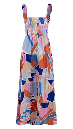 Image of kinstell Women's Summer Boho Spaghetti Strap Square Neck Ruffle Casual Flowy Long Dress Beach Swing Party Maxi Dress