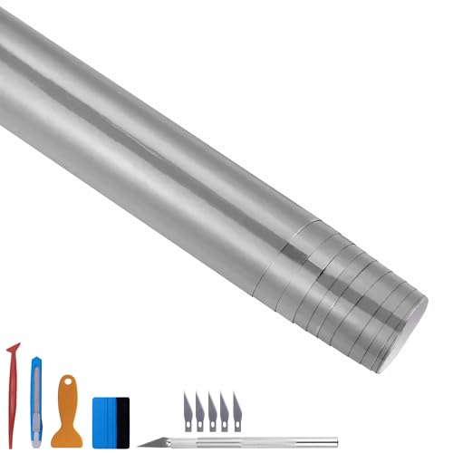 Image of LZLRUN High Gloss Vinyl Realistic Paint Wrap Roll Car Sticker Film Decal Bubble Free Come with Installation Tool Set (Silver, 1ft x 10ft)