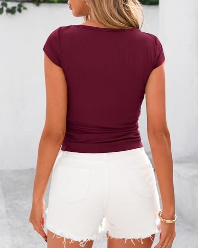 BTFBM Womens Summer Tops 2025 Ribbed T Shirts Crew Neck Short Sleeve Stretchy Ruched Slim Fit Workout Going Out Top3