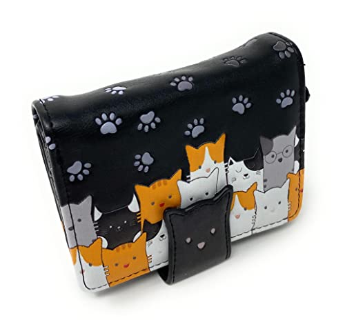 Shag Wear Kitty Crowd Small Wallet Vegan Faux Leather Cat Design Compact Purse with Card Slots ID Window Bill Pocket Zippered Coin Section 4.5" Black