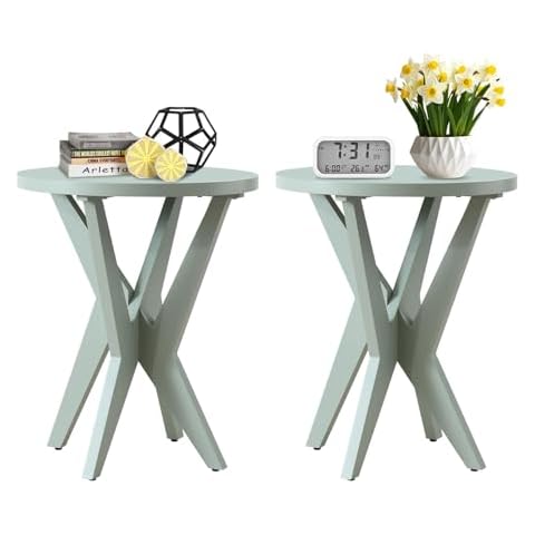 Ahokua Modern Round End Table Set of 2 with Crossed Legs, Unique Small Side Table, Outdoor Accent Table, Easy Assembly Bedside Table, Solid Wood Green Table for Living Room, Balcony, Small Spaces Cover