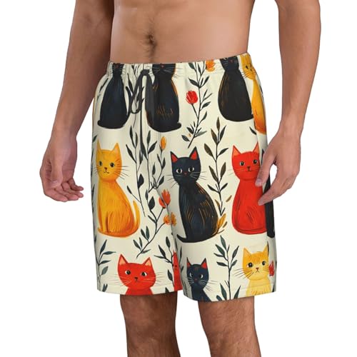 Mens Swim Trunks Board Shorts Quick Dry Shorts with Pockets - Cartoon Cat Patterns Vintage2