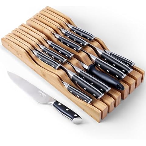 14 Pcs Kitchen Knife Set with In-Drawer Bamboo Knife Organizer- 7 Chef Knives,6 Serrated Steak Knives,Knife Sharpener,Ultra Sharp Chef Knife Set with Full-Tang Design… Cover
