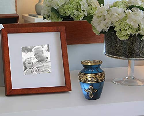 Image of Blue Cross Cremation Urn for Ashes Adult Male - Personalized Cremation Urns for Human Ashes Adult Man Decorative Urns - Beautifully Handcrafted Cross Urn