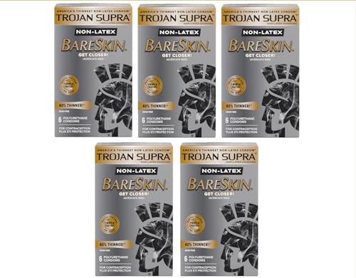 Trojan Supra Non-Latex Condoms, for Contraception, Polyurethane, BareSkin, Get Closer, Triple Tested, 40% Thinner, Odor Free, 6 Count (Pack of 5)