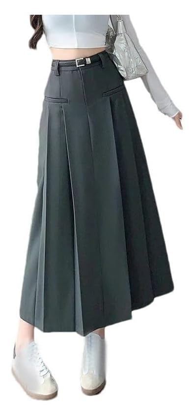 Women's Solid Pleated Midi Skirt with Belted High Waist A-Line Comfortable Office Wear Suit