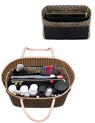 Image of LEXSION Felt Purse Bag Organizer Insert with zipper Bag Tote Shaper Fit Speedy Neverful PM MM, 1-B-LeopaBd, Medium