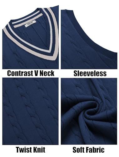 COOFANDY Men's Vest Sweaters Casual Sleeveless V-Neck Pullover Sweater Striped Cable Knit Sweater Vest Navy Blue