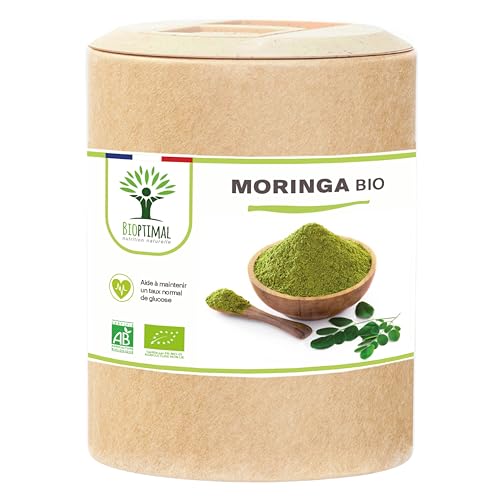 Moringa Bio - Bioptimal - Complément alimentaire - Poudre de Moringa Oleifera Pur - Antioxydant Immunité Anti-Fatigue Vitamine A C E - Dose 300 mg - Fabriqué en France - Certifié Ecocert - 200 gélules