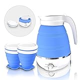 Faltbarer Wasserkocher elektrischer Reisekessel Camping Wasserkessel mit 2 faltbaren Becher tragbarer leichter Kessel mit mehrfacher Einstellungen, Wärmer/Erhitzer für Wasser Milch Kaffee Tee (blau)