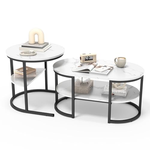 Luminarix 2er Set Couchtisch, Rund und Oval Beistelltisch mit Stauraum, Marmor Optik, Metallrahmen Wohnzimmertisch Satztische Sofatisch Kaffeetisch, Weiß & Schwarz