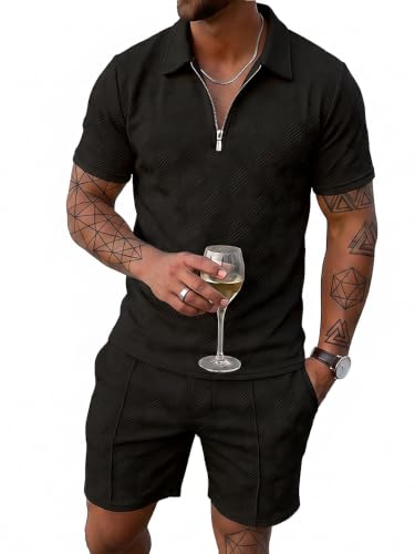 Kgamfar Mens Summer Track Suits 2 Piece Shorts Sets Short Sleeve Sweatsuit casual Outfits Polo Shirts workout Black 2XL