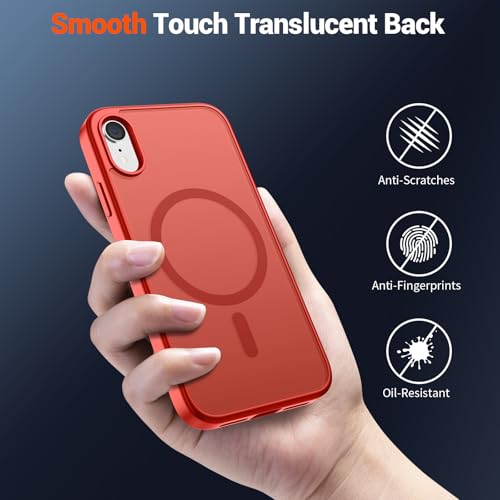 Image of SUPFINE Magnetic for iPhone XR Phone Case Red | With Screen Protector, Translucent Matte, Compatible with MagSafe, Military Grade Drop Proof, Rugged Shockproof Protective