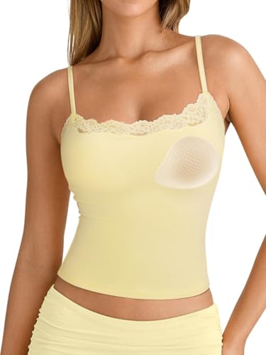 SUUKSESS Women Double Lined Lace Cami Tank Top Summer Padded Square Neck Going Out Tops Sleeveless Basic Shirts (Yellow Small)