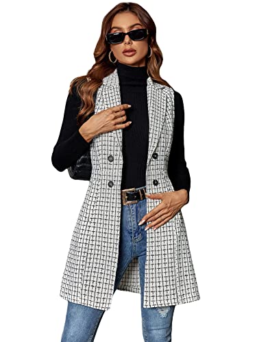 Gorglitter Women's Plaid Double Breasted Long Vest Jacket Sleeveless Longline Blazer Outerwear With Pockets White X-Large #TOP4