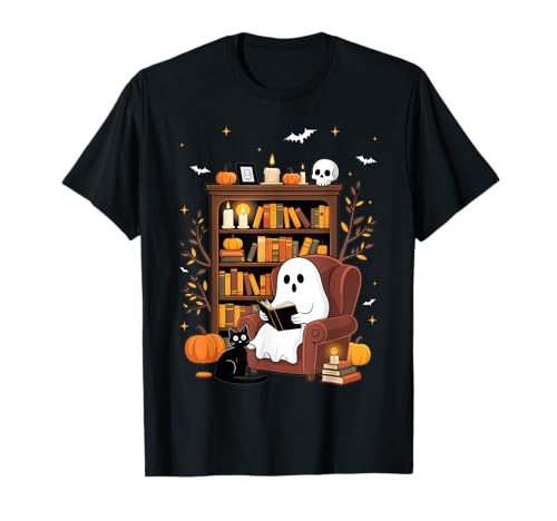 Vintage Ghost Book Reading Pumpkin Gothic Halloween Teachers T-Shirt