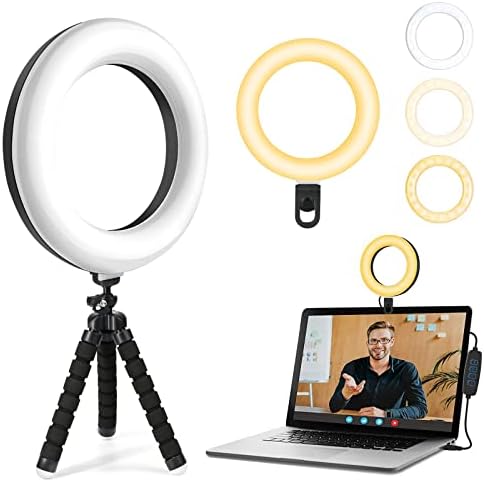 KEPEAK Laptop Ring Light, 6 Inch Ring Light with Tripod & Clip, 3 Lighting Modes, 10 Brightnesses, 360° Rotation, for Tik Tok, Selfie, Remote Work, Video, Live, YouTube, Makeup