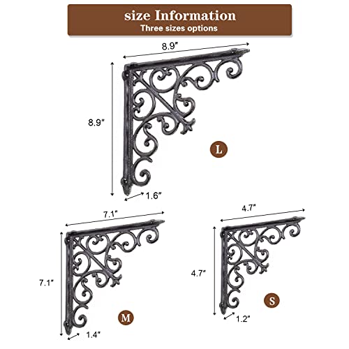 Sungmor 2PC 8.9 Inch Heavy Duty Decorative Brackets for Shelves, Vintage Victorian Cast Iron Shelf Bracket, Sturdy Black L Shape Metal Corner Brace Shelf Supporter, Wall Mounted Floating Shelf Bracket