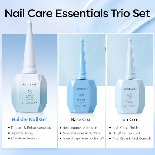 Image of AZUREBEAUTY Builder Nail Gel Kit, 3Pcs Clear Builder Gel with Base Coat and No Wipe Top Coat, UV LED Cured Extension Apex Building Set for Home Salon DIY, 11 mL