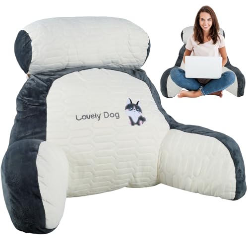 Reading Pillow for Bed Adult 70×50×25CM 2 In 1 Large Backrest Cushion Detachable Cuddle Cushion for Bed, Back Support Cushions with Arms Gaming Pillow Reading Back Support Pillow(Latex(L), Dark Husky)