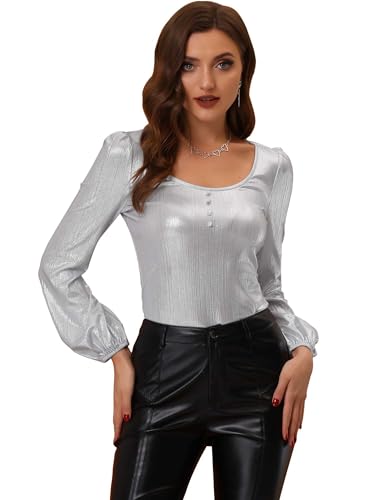 Image of Allegra K Metallic Blouse for Women's Sparkly Party Club Shiny Bishop Sleeve Disco Glitter Tops