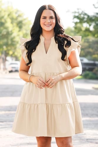 Image of Fisoew Plus Size Dresses for Women Summer Ruffle Short Sleeve V Neck Dress Tiered Swing A Line Babydoll Mini Dress