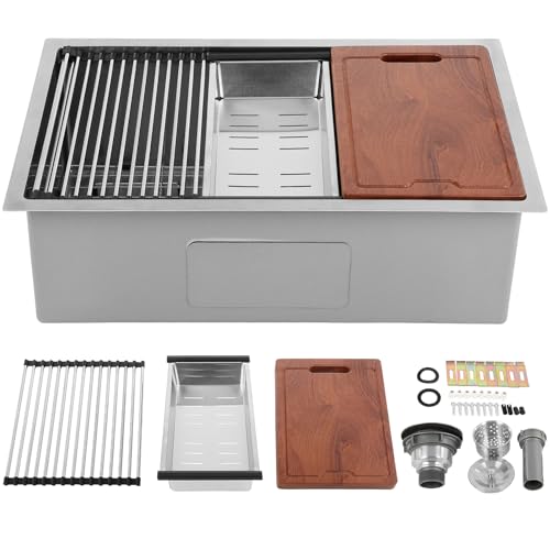 FAHKNS 33 Inch Undermount Stainless Steel Kitchen Sink 16 Gauge Topmount Single Bowl Sink Kit with Drain Assembly 33" x 19" x 10" Handmade Basin Brushed Kitchen Sink Basin Workstation by FAHKNS - Used condition - US$133.10