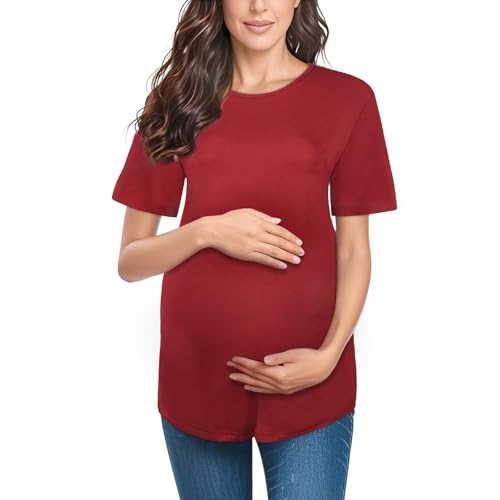 Aolso Ropa de Mujer Embarazada, Tops de Maternidad de Manga Corta de Verano, Side Split, Moda Camisas Embarazo, Burdeos-XXL