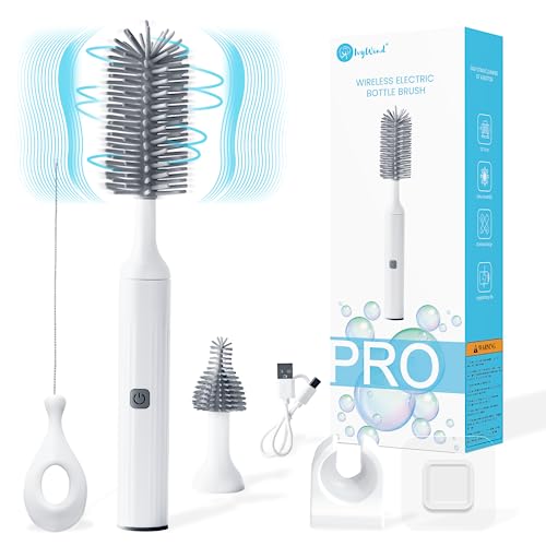 Image of Electric Baby Bottle Brushes USB Rechargeable, Waterproof Bottle Cleaner Brush Wall-Mounted, with Silicone Bottle/Pacifier/Straw Brush, Two-Speed Cleaning Mode, 360° Rotating Cleaning, 1200mAh, Grey