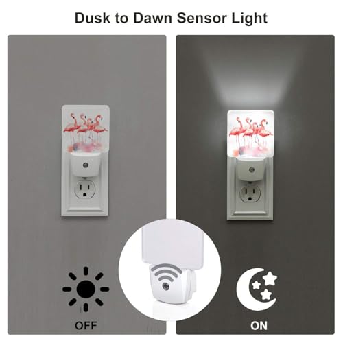 Image of Pink Flamingos Watercolor LED Plug-in Night Light 2-Pack, Auto Sensor Nightlights Set of 2 for Bedroom Bathroom