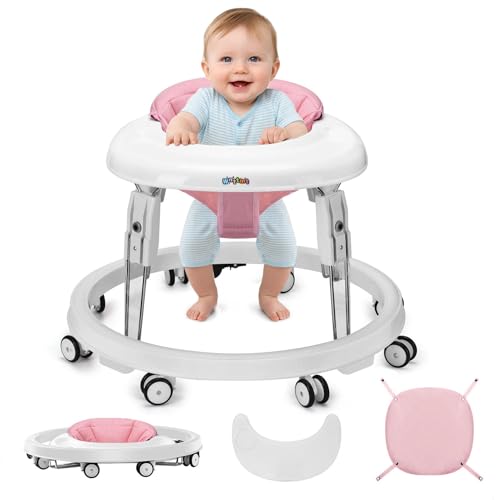 Image of Wnttmt Baby Walker with Wheels, One-Touch Folding Portable Baby Walkers with Height Adjustment, Large Dinner Plate and Brake, Walker for Baby Boy Girls 6-18 Months, Pink