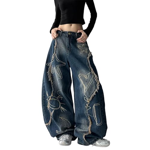 Jeans Holgados Mujer Hombre Hip Hop Gótico Calle Y2K Pantalón con Bordado Bolsillo Vintage Talle Alto Mezclilla Pierna Ancha Streetwear(Blue,X-Large)