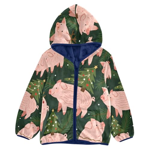 Pigs Flying Among Christmas Trees Toddler Fleece Jacket Girl Boys Hooded Fleece Jacket Coat Warm Outwear Zip-up 3-10T