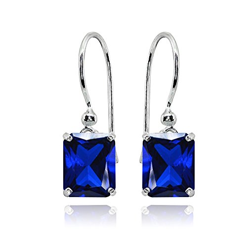 Sterling Silver Created Blue Sapphire Octagon-Cut Solitaire Drop Dangle Earrings For Women #TOP3
