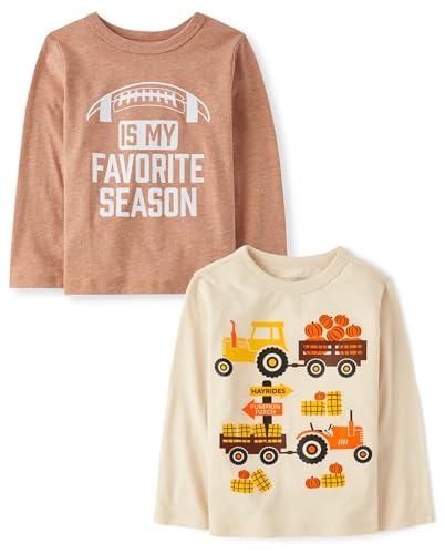 The Childrens Place Baby Boys and Toddler All Holidays Long Sleeve Graphic T-Shirts Multipacks Harvest Vehicle/Harvest Football 2-Pack 3 Years