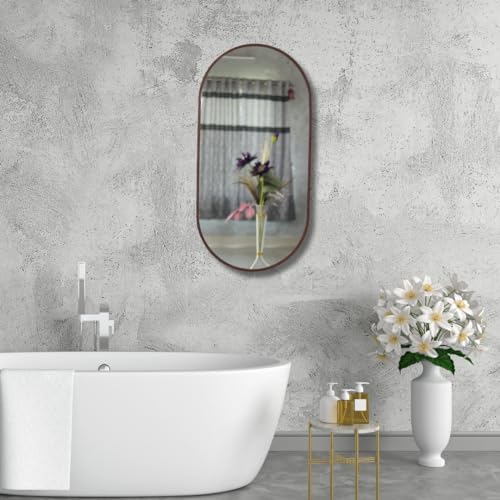 Image of Modern Elegance Capsule Shape Wall-Mounted Mirror Metal Framed Wall Mirror Bathroom Mirror Living Room Mirror Home Decor Mirror 24 x 48 Inches Color Copper MF 108