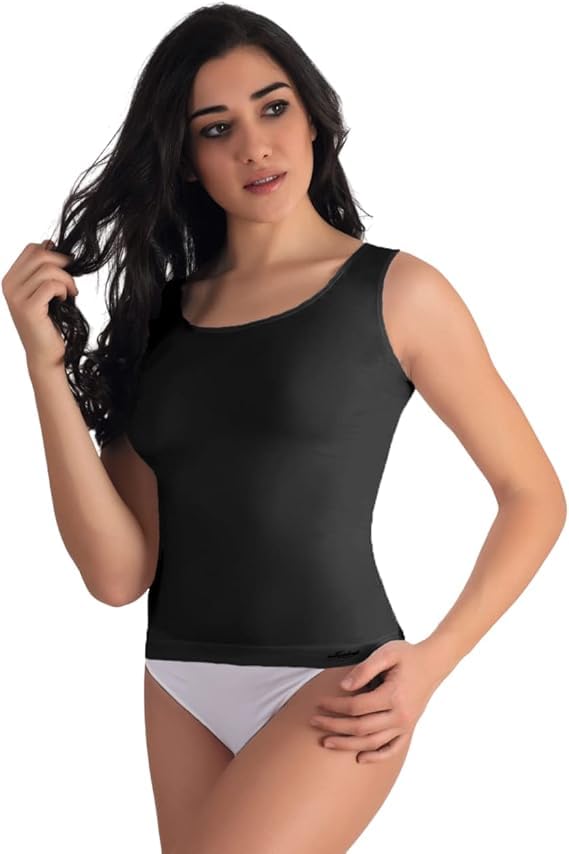 Liabel 3 camisetas de tirantes para mujer de Seamless. Camiseta interior de hombro estrecho con hombros anchos de microfibra elástica Made in Italy., Negro Hombro Ancho, Large-X-Large