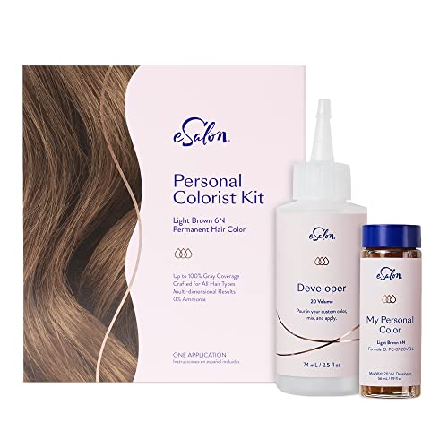 eSalon Personal Colorist Kit, Permanent Hair Color, 100% Gray Coverage, At-home Hair Color, Ammonia-free Hair Dye, Multi-dimensional Hair Color, Professional-grade Hair Dye (Light Brown 6N)