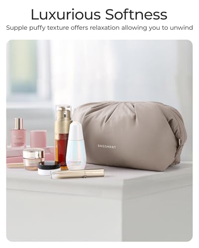 BAGSMART Makeup Bag Travel Makeup Bag, Cute Make Up Bag, Large Capacity Cosmetic Bags for Women, Wide-open Makeup Pouch Travel Essentials Toiletries Accessories Brushes (Camel)2